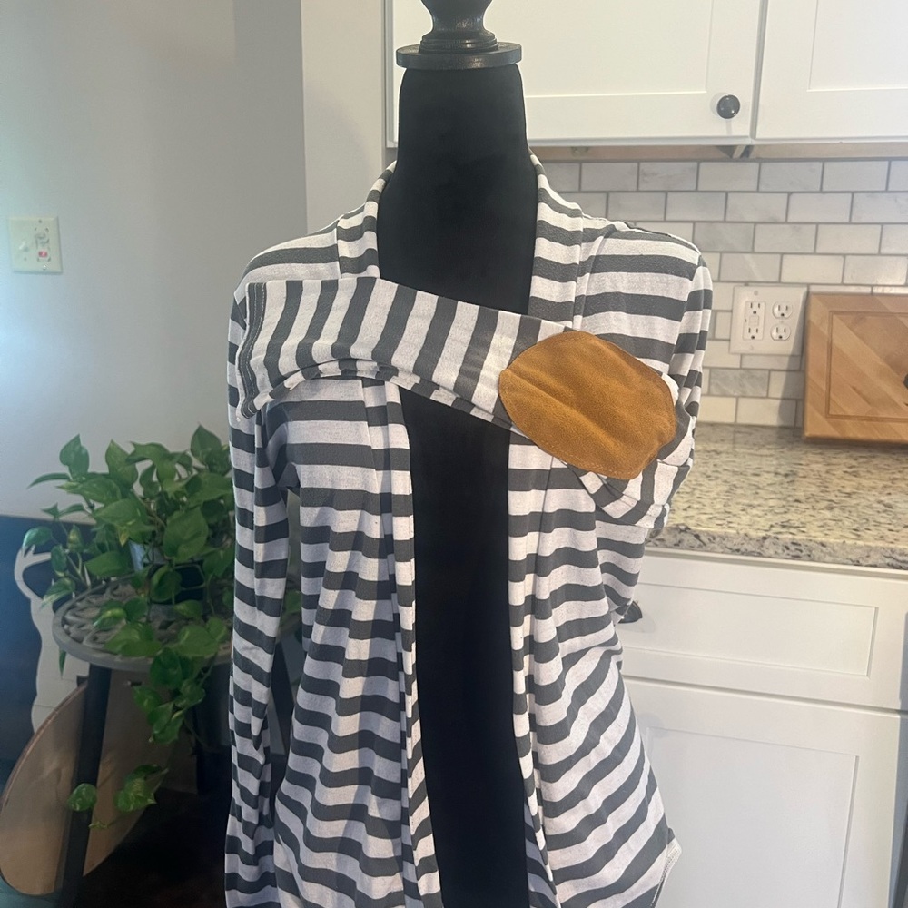 Striped Gray and White Cardigan with Tan Elbow Patch